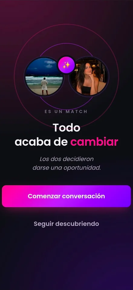 Pantalla de match: las fotos de las dos personas y el botón para comenzar la conversación.