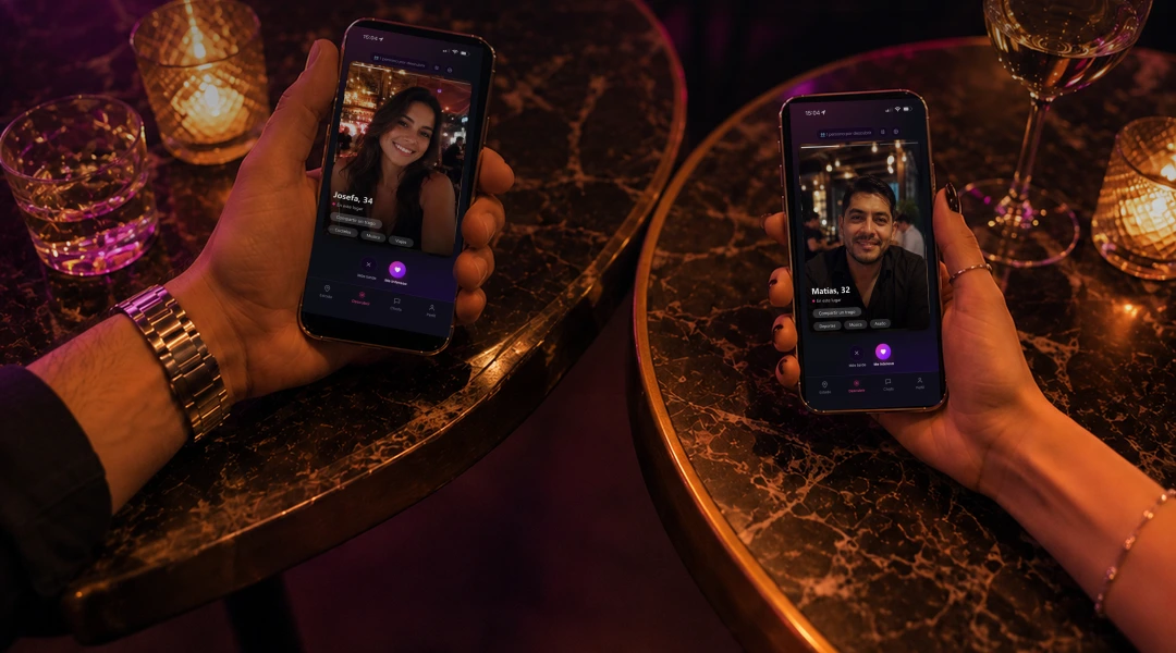 Dos personas en mesas contiguas de un bar, cada una viendo en su teléfono el perfil de la otra dentro de AquíMatch.